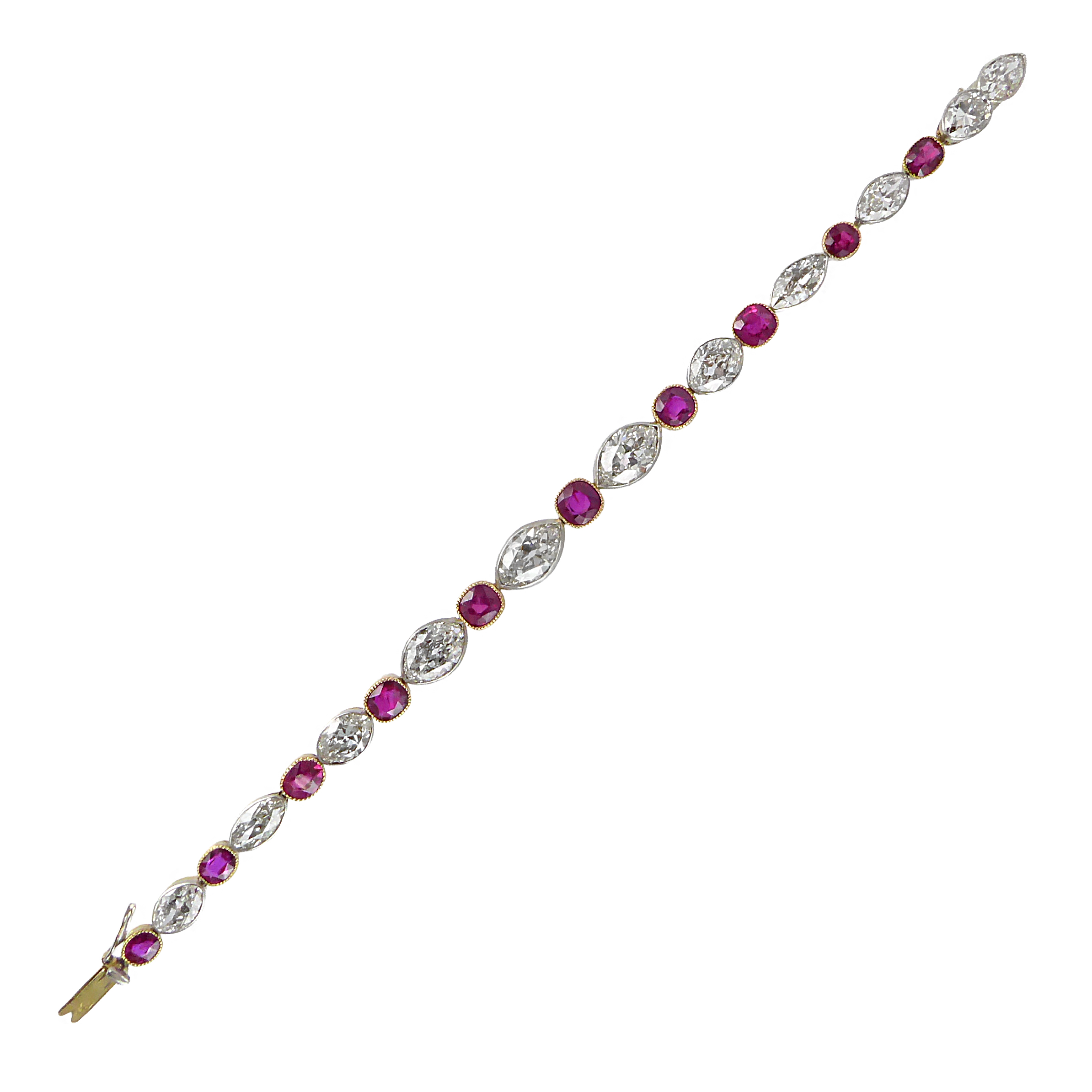 Early 20th century graduated ruby and diamond collet bracelet, c.1905, alternating old marquise cut diamonds with cushion cut rubies,